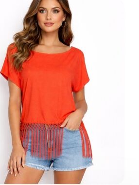 Michael Michael Kors Women's Fringe Boat Neck Top Grenadine Size Large Orange